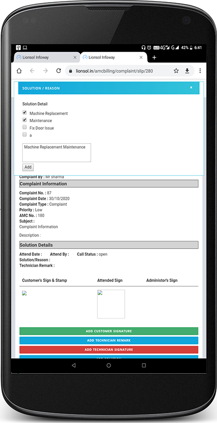 Elevator AMC Add Solution in Complaint Slip